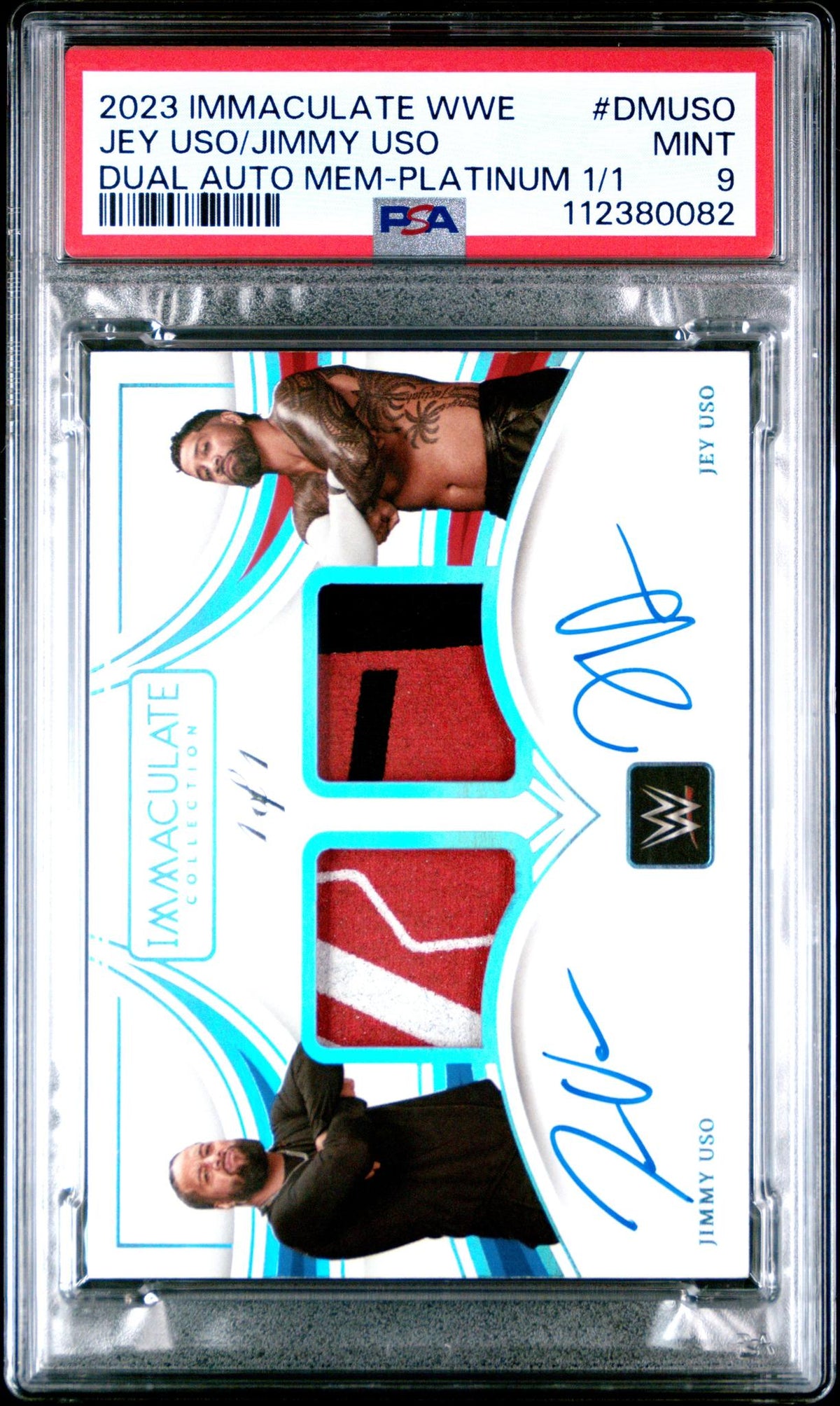 WWE Wrestling Panini 2023 Panini Immaculate WWE Dual Autographed Memorabilia Platinum 1/1 Jey Uso/Jimmy Uso #Dmuso PSA 9