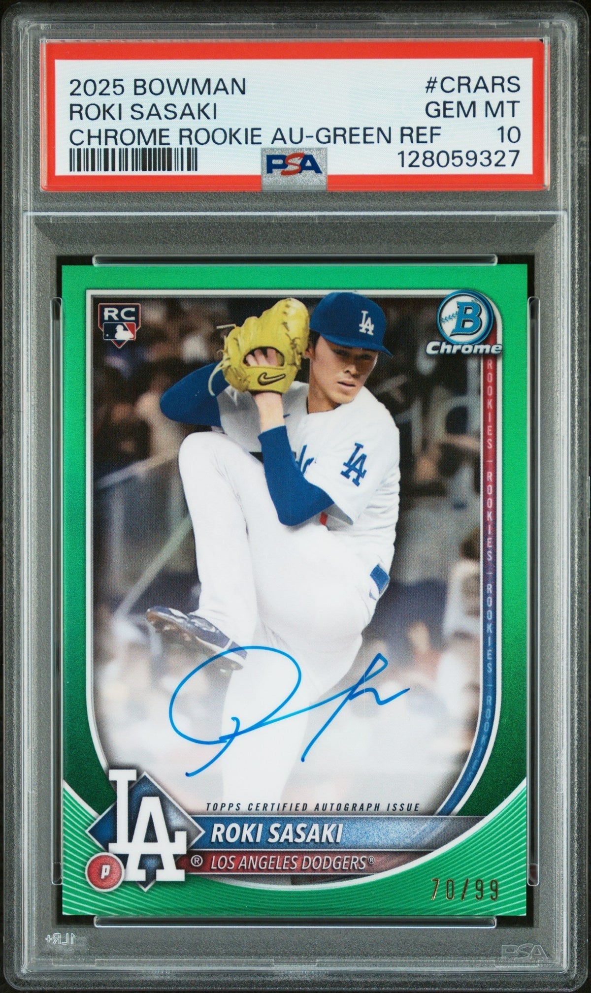 Baseball Bowman 2025 Bowman Chrome Rookie Autographs Green Refractor Roki Sasaki #Crars /99 PSA 10