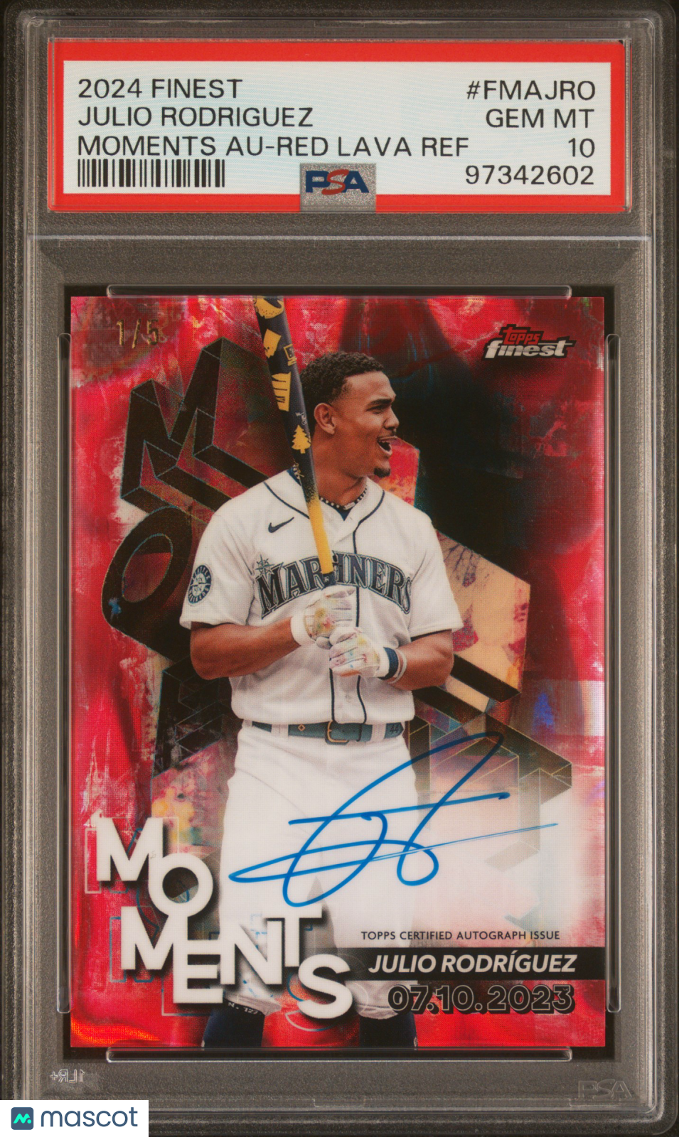 Sports Topps 2024 Topps Finest Finest Moments Auto Julio Rodriguez Fmajro Red Lava Ref PSA 10