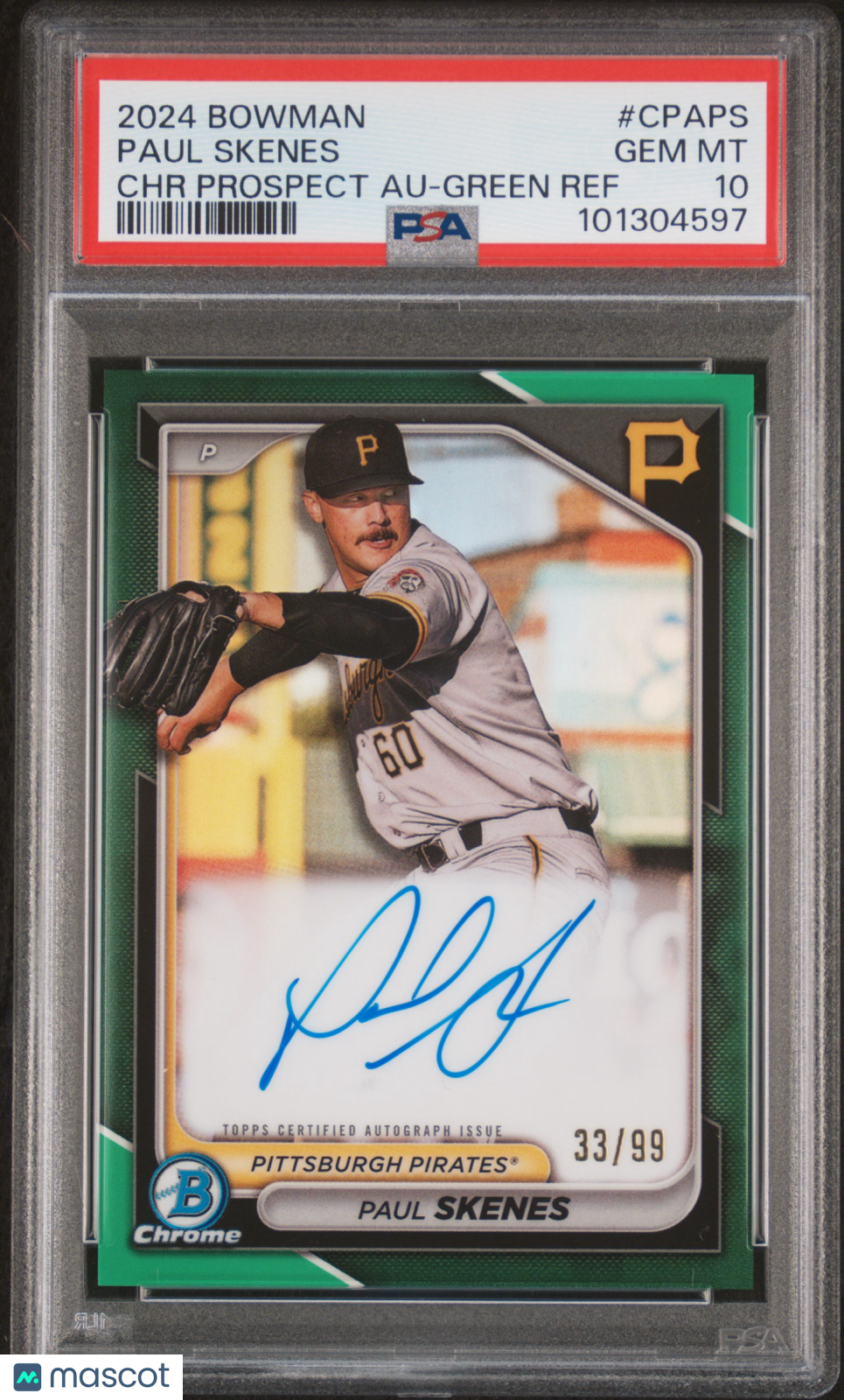 Baseball Bowman 2024 Bowman Chrome Prospect Autographs Paul Skenes #Cpaps Green Ref 33/99 PSA 10