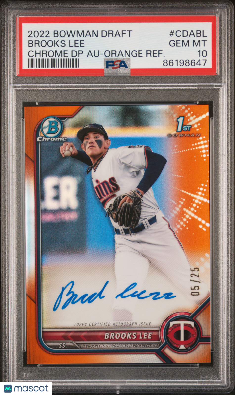 Baseball Bowman 2022 Bowman Draft Chrome Pick Auto Brooks Lee #Cdabl DP Orange Refractor PSA 10