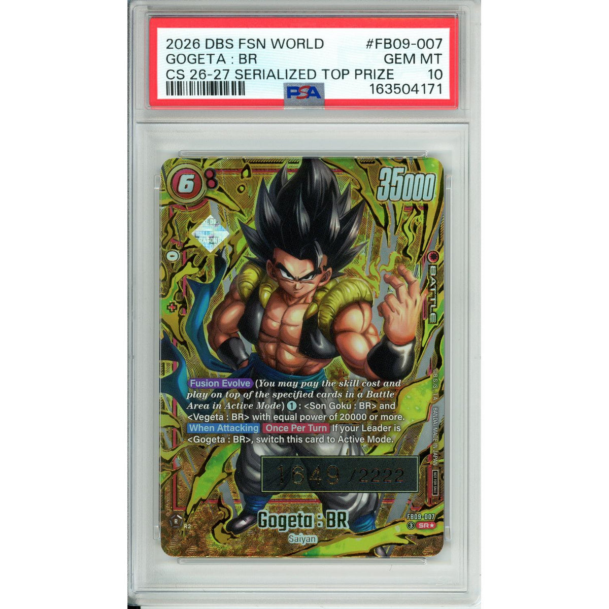 Dragon Ball Dragon Ball Graded: Gogeta: Br Serialized Top Prize #Fb09-007 (2026) PSA 10