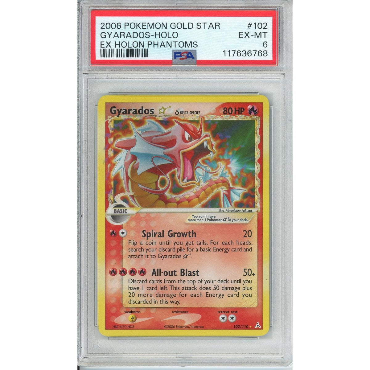 Pokémon Pokemon Graded: Gyarados Gold Star 102/110 EX Holon Phantoms (2006) PSA 6