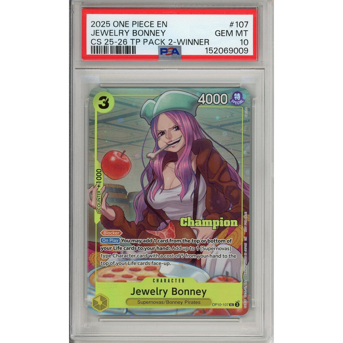 One Piece TCG One Piece Graded: Jewelry Bonney Op10-107 Championship 25-26 Winner PSA 10