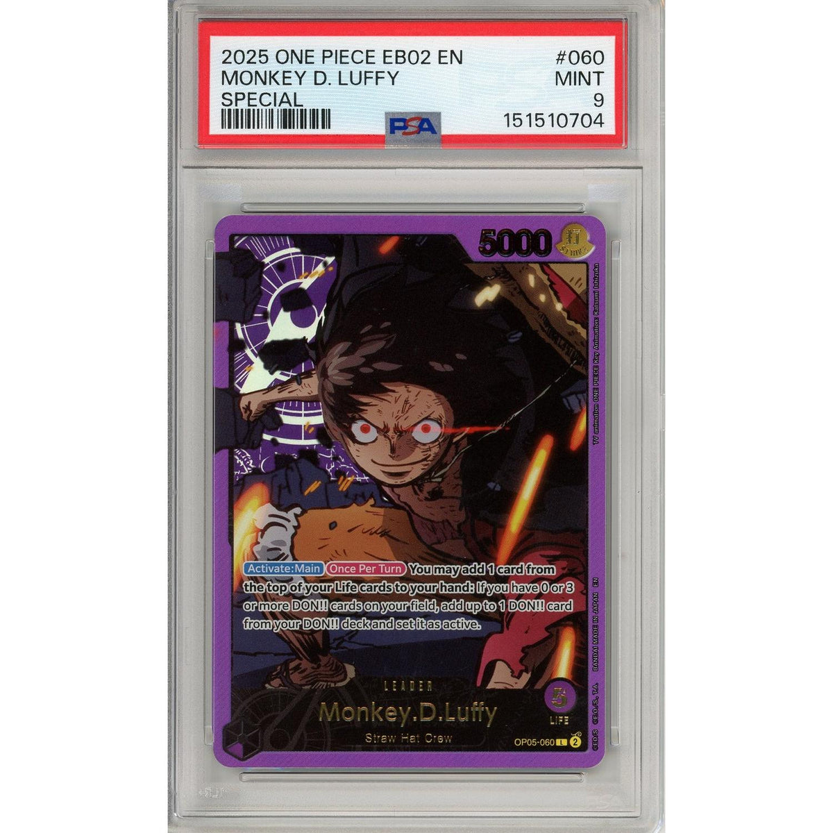 One Piece TCG One Piece Graded: Monkey.D.Luffy Op05-060 Extra Booster: Anime 25th Collection PSA 9