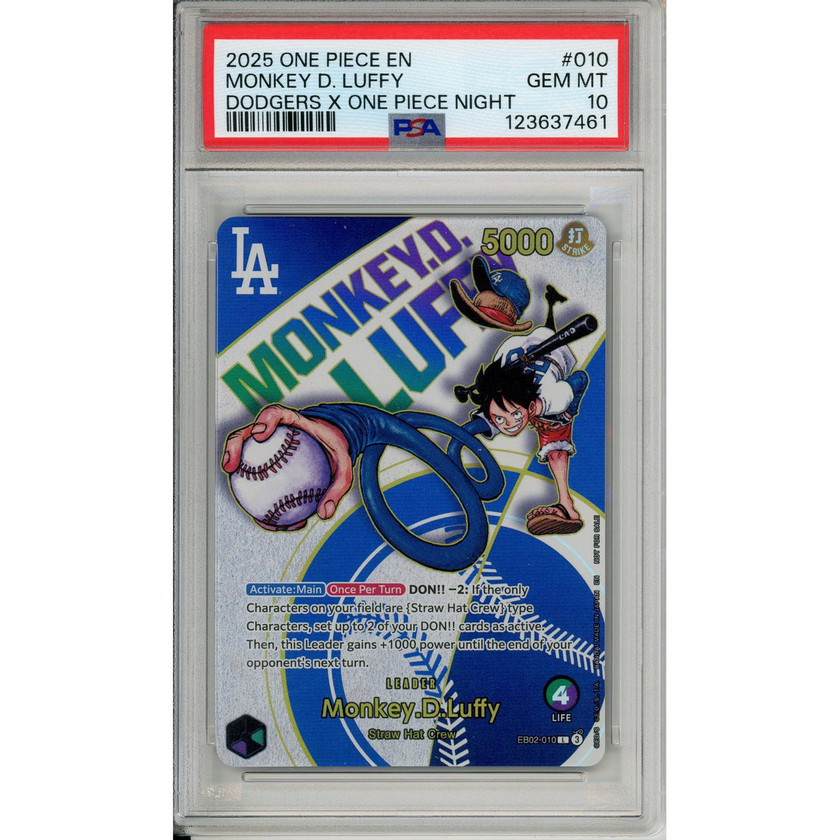 One Piece TCG One Piece Graded: Monkey D. Luffy Eb02-010 Dodgers X One Piece Night (2025) PSA 10
