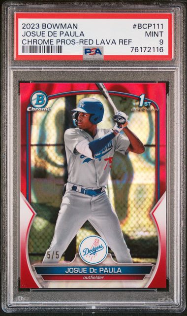Baseball Bowman Josue De Paula 2023 Bowman Chrome Prospects Red Lava Refractor #'D 5/5 PSA 9