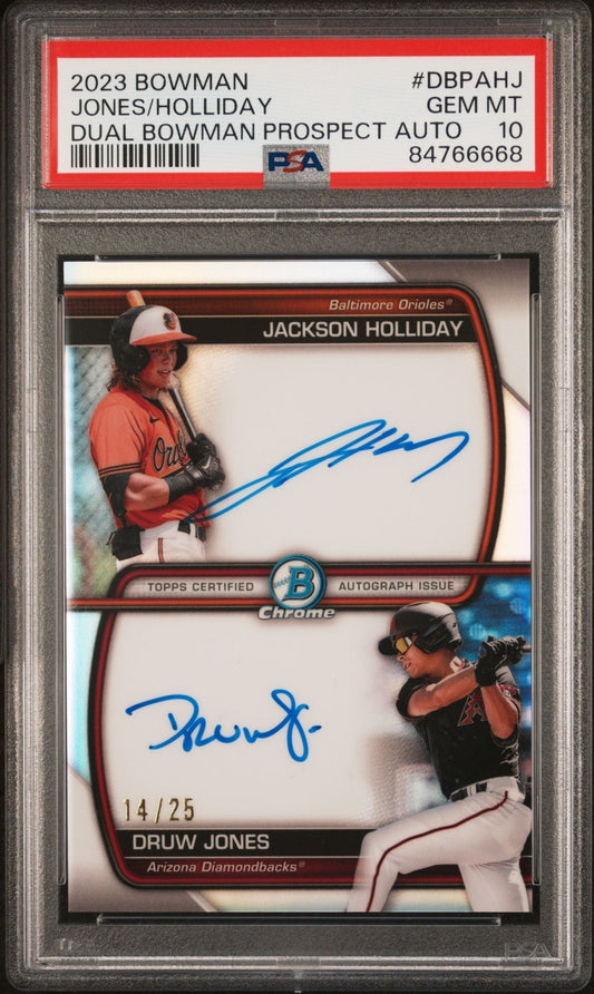 Baseball Bowman Jackson Holliday Druw Jones 2023 Bowman Dual Bowman Prospect Auto #'D 14/25 PSA 10